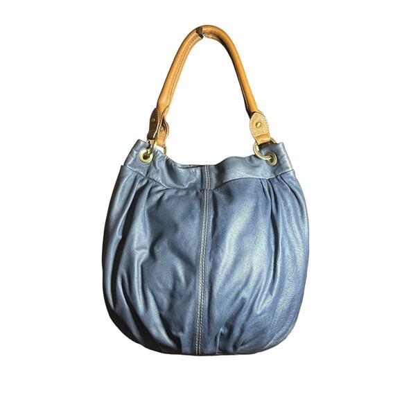 Coldwater Creek Leather Bucket Shoulder Bag Blue with tan handles - Picture 1 of 9